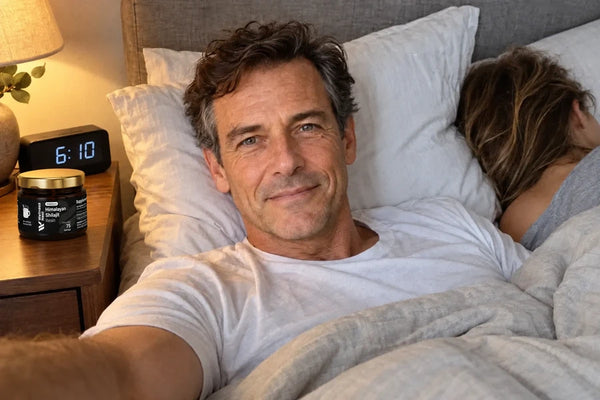 The same man awake in bed before the alarm, the clock reads 6:10, a pleased grin, his wife asleep beside him, the ShilaSource jar on the nightstand