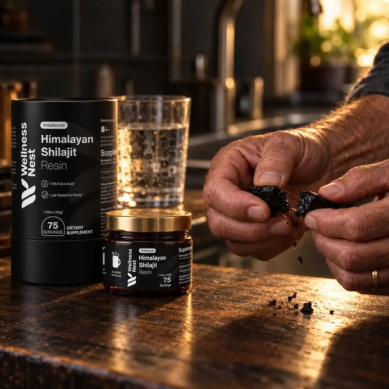 Hands snapping a chilled bead of black resin on a wooden counter, the labelled ShilaSource tube and the jar behind them