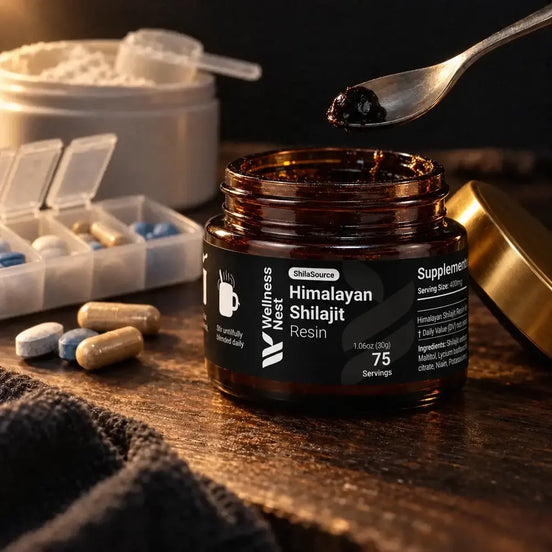 A seven-day pill organiser full of blue tablets, a supplement tub with powder and loose capsules, small and soft behind the large ShilaSource jar and a spoon holding one pea-sized bead of black resin
