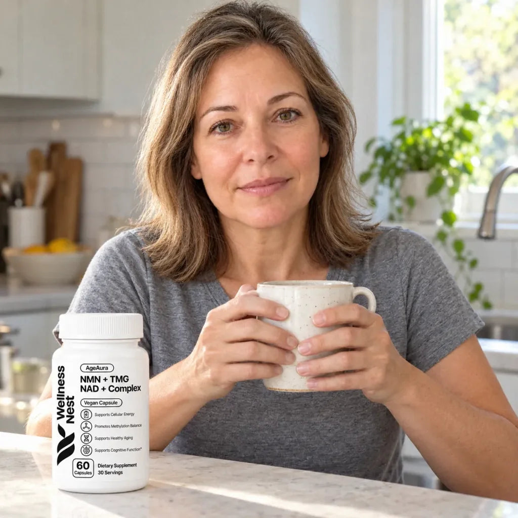Susan M., a woman at her kitchen counter with a coffee mug and a bottle of AgeAura beside her