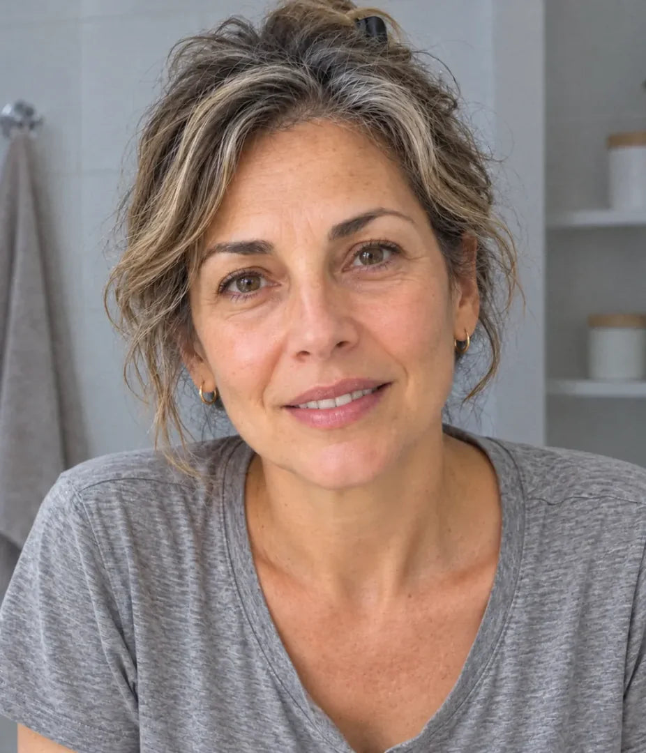 A rested, smiling woman at her bathroom mirror, her skin firm and glowing, no makeup