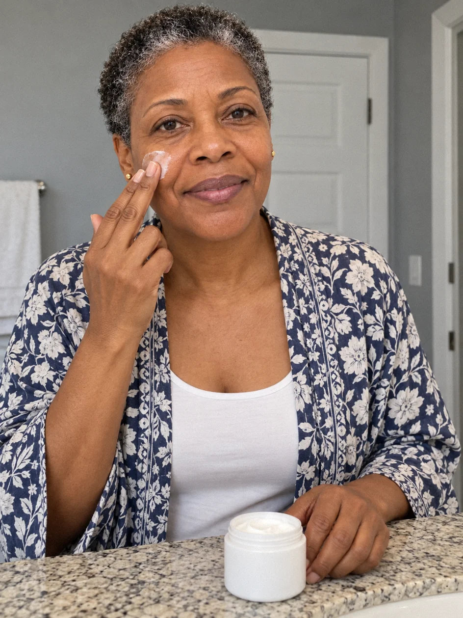 A woman applying face cream at her bathroom vanity