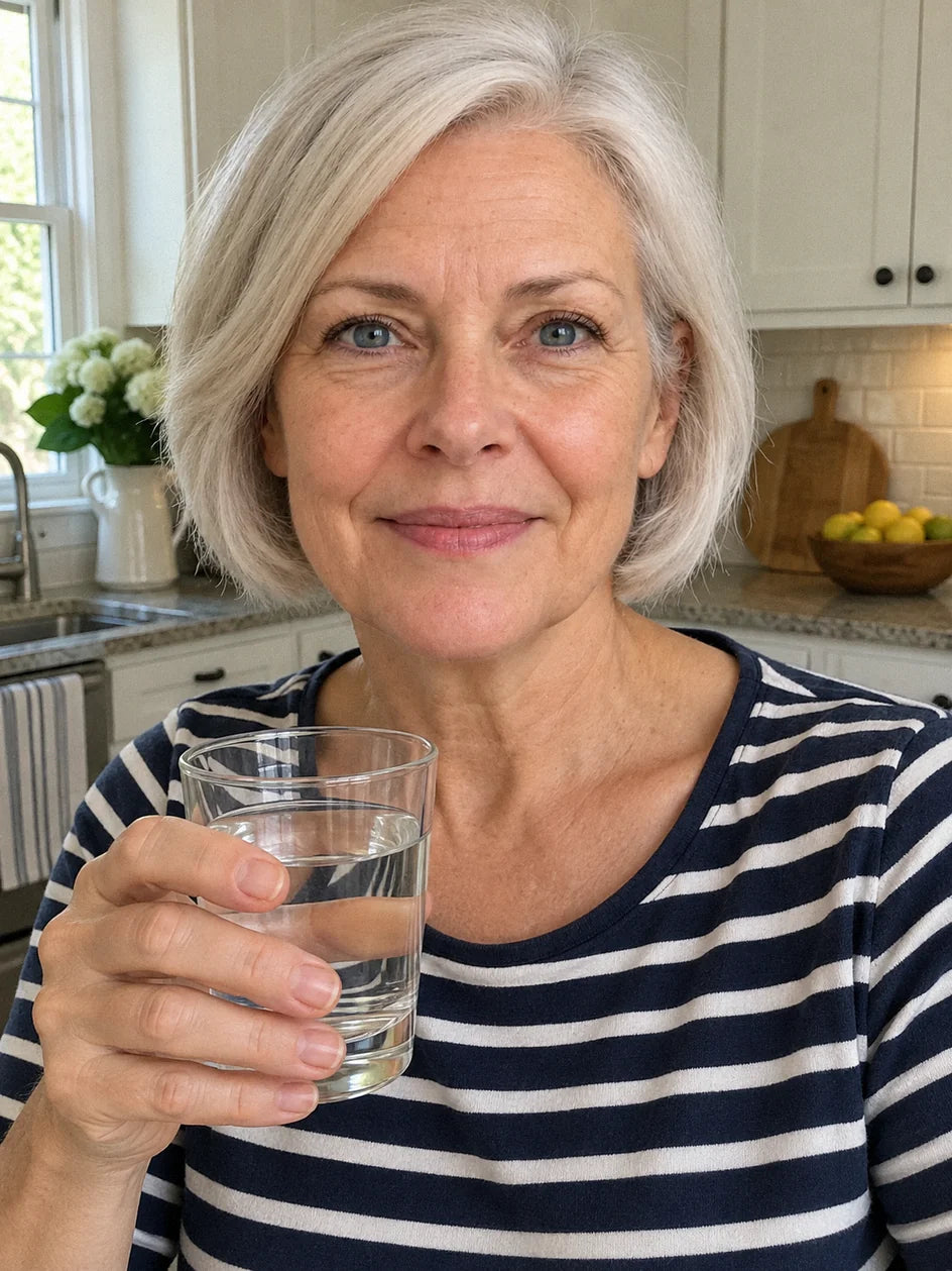 A woman drinking a glass of water in her kitchen