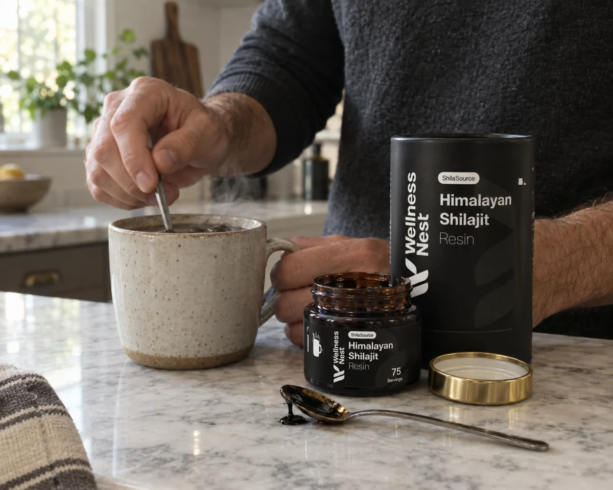 Hands stirring a pea-sized piece of resin into a mug, with the ShilaSource jar and spoon on marble
