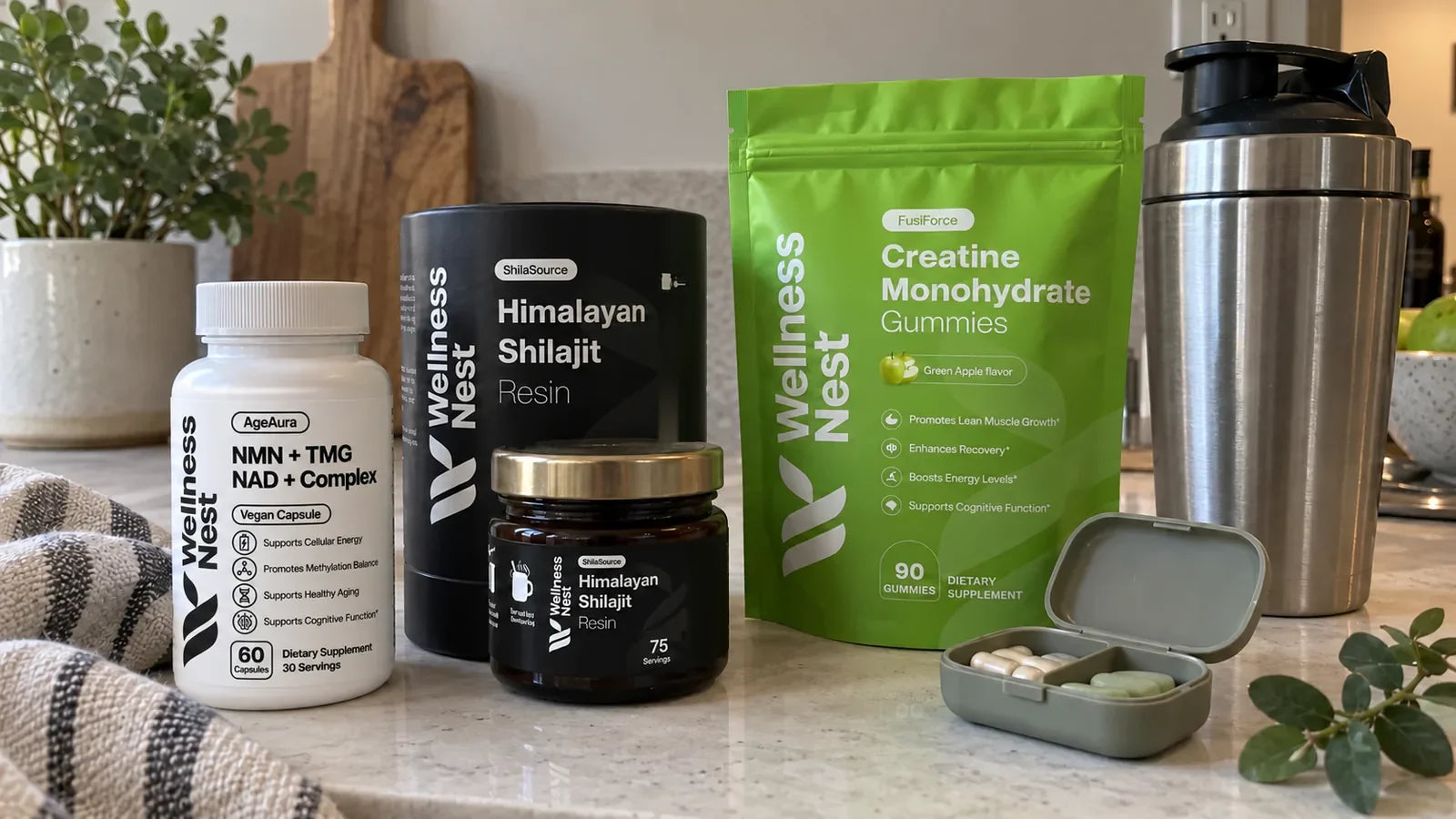 The three Wellness Nest formulas on a kitchen counter