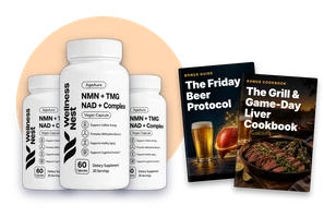 Three-bottle bundle of AgeAura NMN + TMG (90-Day Supply) with research ebook art (delivery not verified) displayed