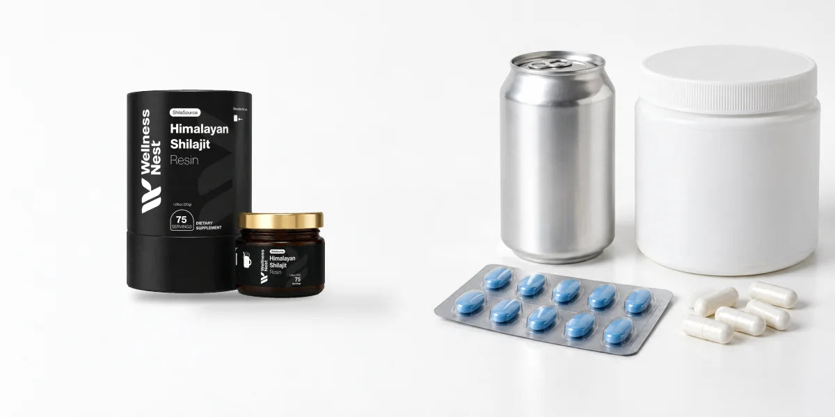 The real ShilaSource tube and jar on the left; on the right a foil blister of blue tablets, an energy drink can, a tub of powder with a scoop and loose capsules, on white