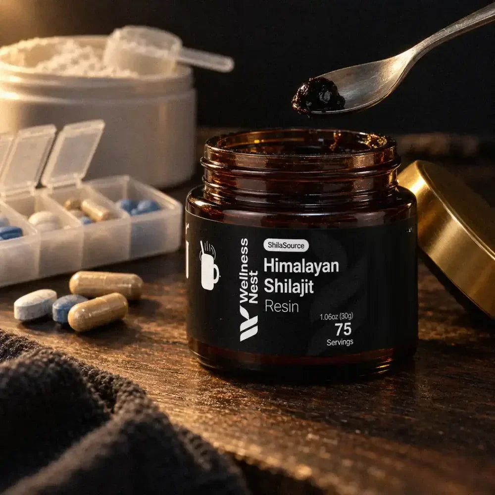 A seven-day pill organiser full of blue tablets, a supplement tub with powder and loose capsules, small and soft behind the large ShilaSource jar and a spoon holding one pea-sized bead of black resin