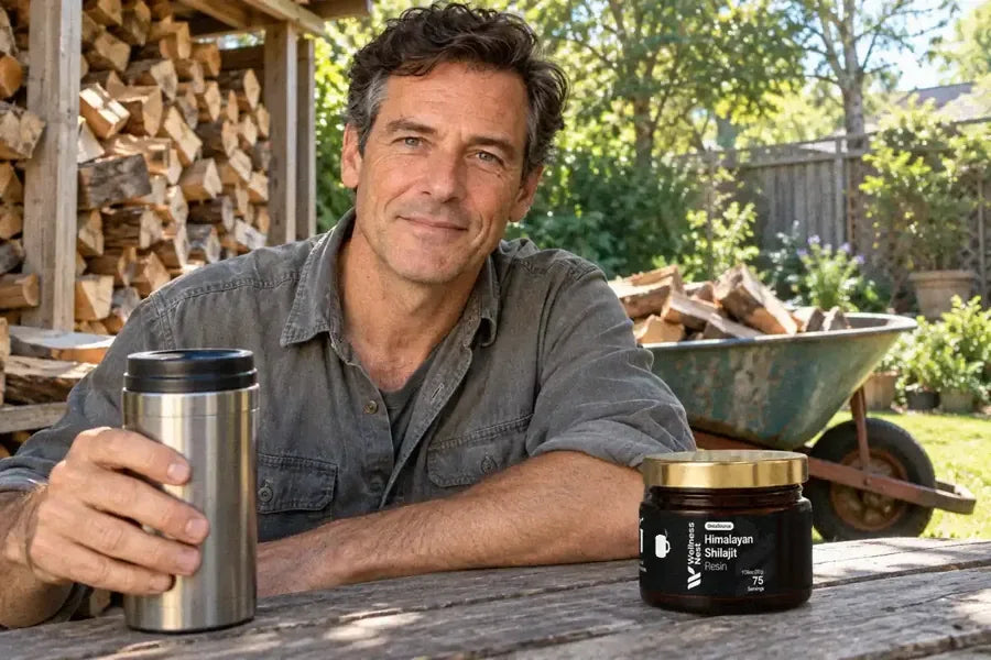 The same man in a sunny backyard in the afternoon by a stack of firewood, still full of energy, a thermos and the ShilaSource jar on the garden table