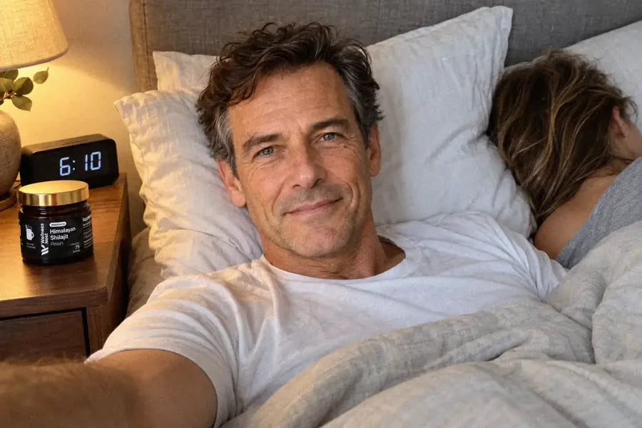 The same man awake in bed before the alarm, the clock reads 6:10, a pleased grin, his wife asleep beside him, the ShilaSource jar on the nightstand