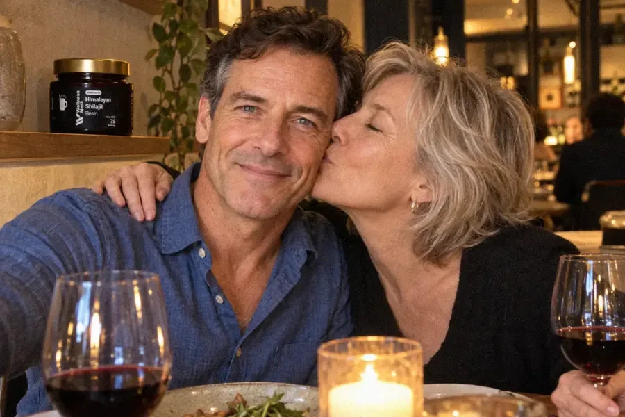 The same man two years later at a restaurant table, laughing, his wife kissing his cheek, the ShilaSource jar on the shelf behind them