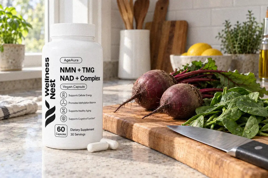 AgeAura Pure NMN + TMG NAD+ Complex bottle on a kitchen counter next to raw beetroots and fresh spinach