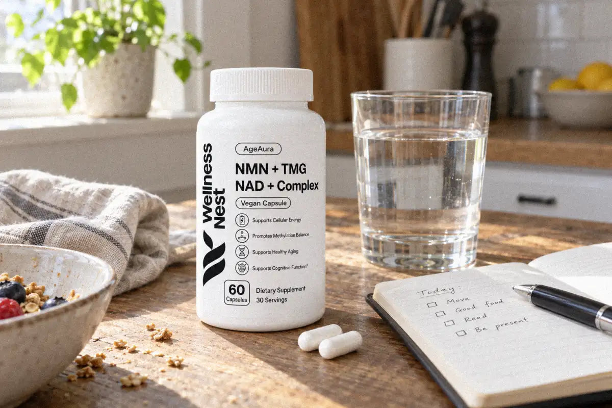 AgeAura Pure NMN + TMG NAD+ Complex bottle on a kitchen table beside a glass of water and an open notebook