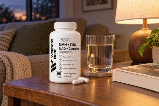 AgeAura Pure NMN + TMG NAD+ Complex bottle on a living-room side table next to a glass of water, a book and a lamp