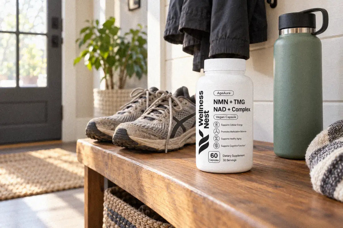 AgeAura Pure NMN + TMG NAD+ Complex bottle on an entryway bench next to running shoes and a water bottle