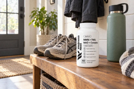 AgeAura Pure NMN + TMG NAD+ Complex bottle on an entryway bench next to running shoes and a water bottle