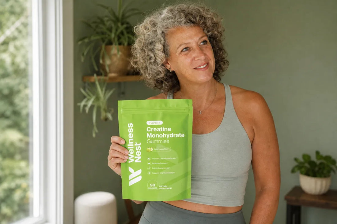 Woman in her late 40s holding a green Wellness Nest FusiForce creatine gummies pouch, label facing the camera