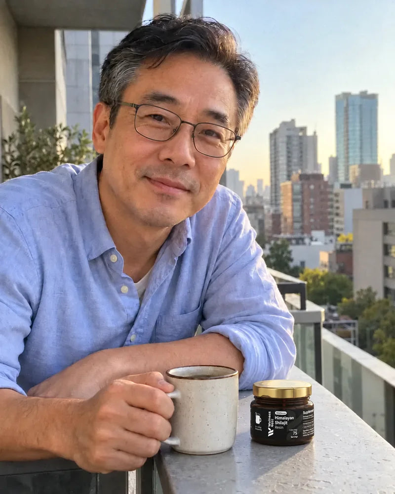 A man of about 50, the age of the men in the first study, on a city balcony with a coffee, the ShilaSource jar on the railing beside him