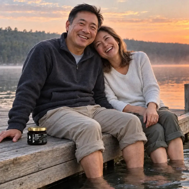 A couple sit at the end of a lakeside dock at sunrise with their feet in the water, her head on his shoulder, laughing together