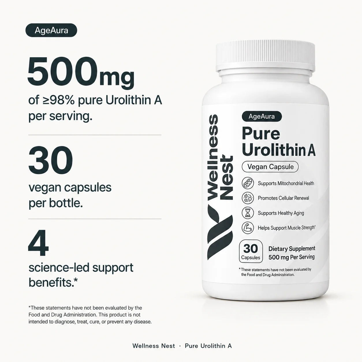 500mg of 98% pure Urolithin A per serving - 30 vegan capsules