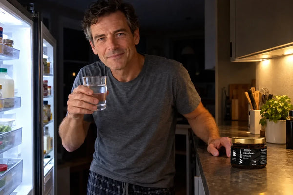 A man of about 57 stands barefoot in a dark kitchen at three in the morning by the open fridge, a glass of water in his hand, smiling to himself, the ShilaSource jar on the counter