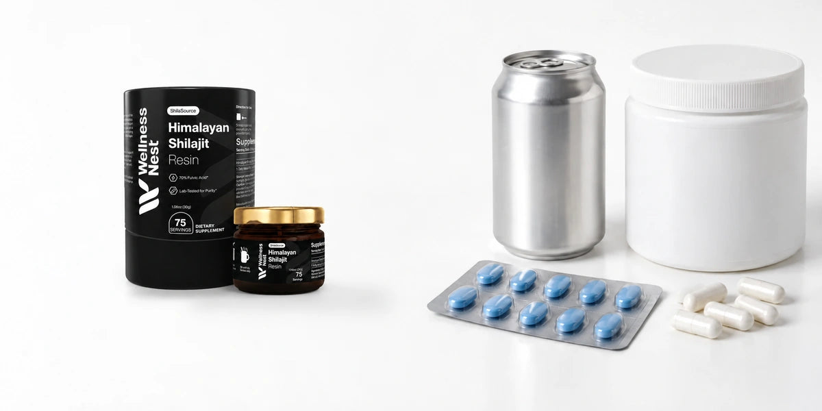 The real ShilaSource tube and jar on the left; on the right a foil blister of blue tablets, an energy drink can, a tub of powder with a scoop and loose capsules, on white