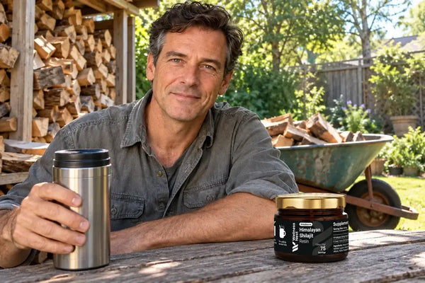 The same man in a sunny backyard in the afternoon by a stack of firewood, still full of energy, a thermos and the ShilaSource jar on the garden table