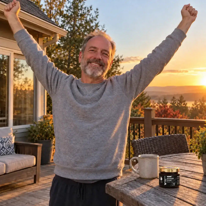 A white man of about 55 stretches both arms overhead on his back patio at sunrise, smiling, a mug and the ShilaSource jar on the table behind him