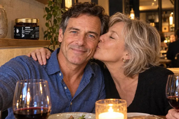 The same man two years later at a restaurant table, laughing, his wife kissing his cheek, the ShilaSource jar on the shelf behind them