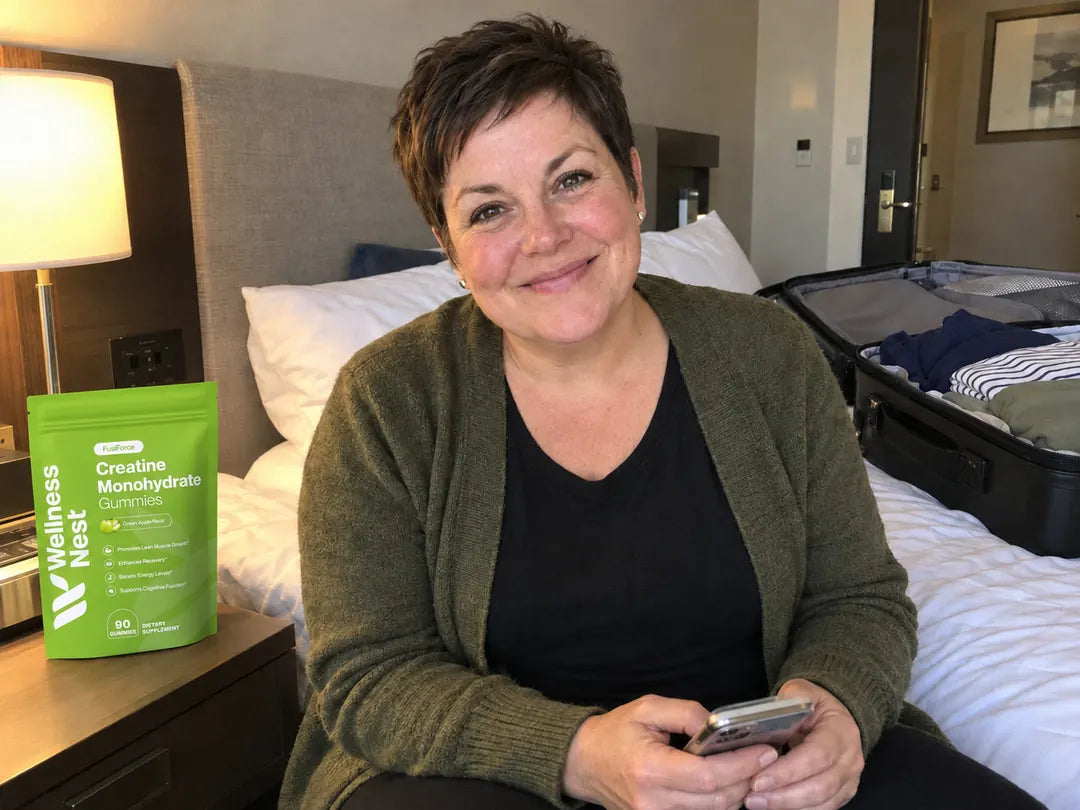 Paula Clark, on the edge of a hotel bed with an open suitcase behind her, the pouch on the bedside table (illustrative)