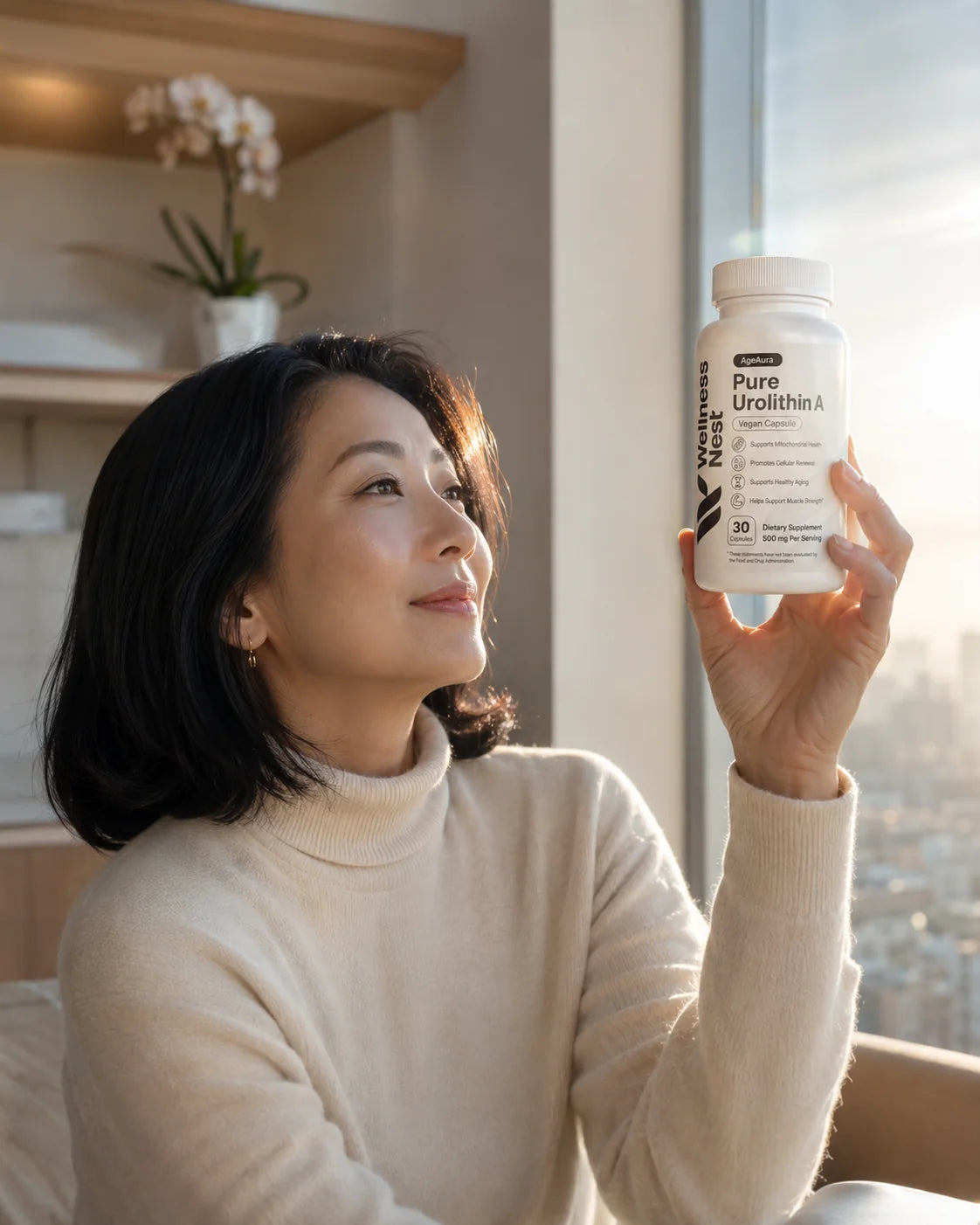Customer admiring AgeAura bottle in morning light