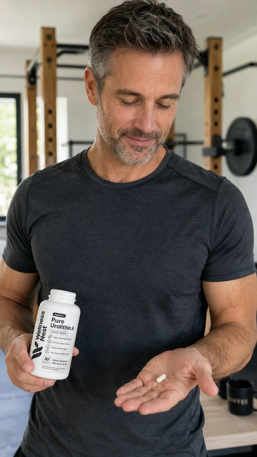 Verified customer at gym holding bottle and capsule - James W age 54