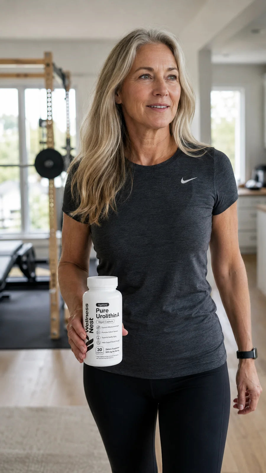 Active athletic woman with AgeAura bottle