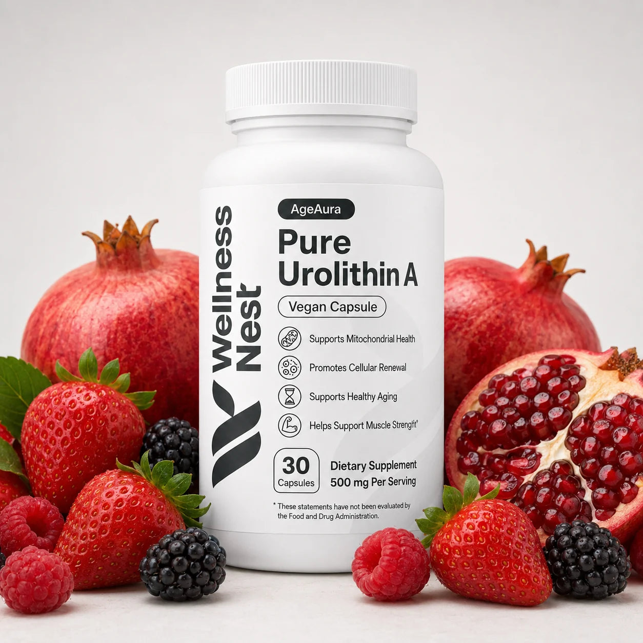 AgeAura Pure Urolithin A bottle with pomegranates and berries