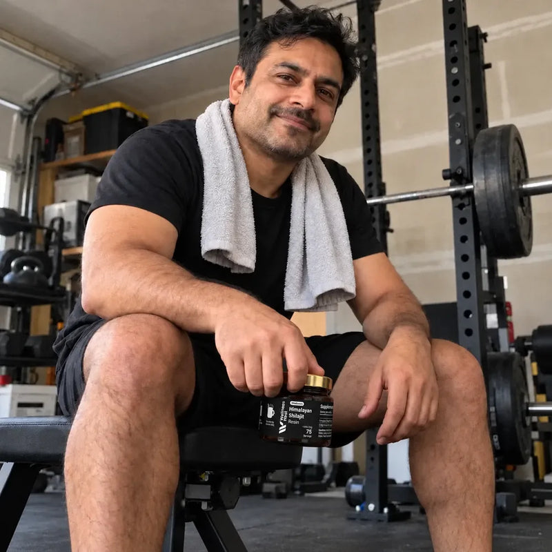 A South Asian man of about 43 with a towel round his neck sits on a gym bench in his garage, the ShilaSource jar hanging from one hand, a steady smile