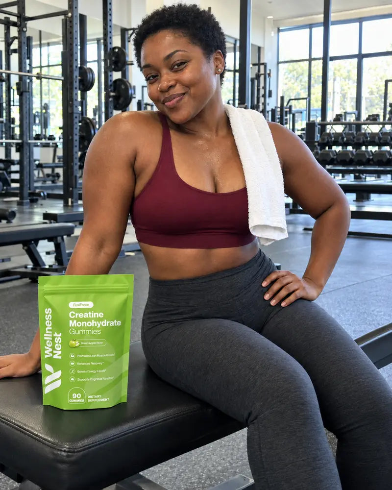 Jessica M., 31, sitting sideways on a gym bench with a towel over her shoulder, smirking, the FusiForce pouch on the bench beside her (illustrative)
