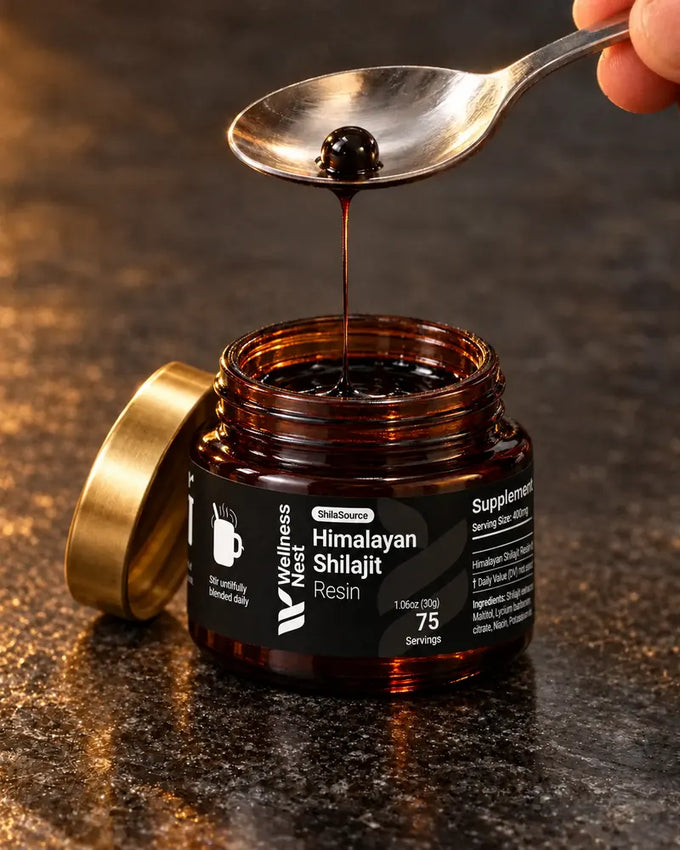 The open ShilaSource jar with its gold lid beside it and a steel teaspoon holding one pea-sized bead of black resin, a strand still joining it to the jar