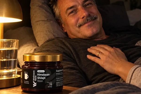 A man of about 56 lies propped on two pillows at night, smiling, his wife's hand on his chest, the ShilaSource jar on the nightstand beside him