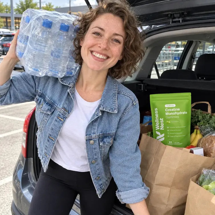 Emma L., lifting a pack of water onto her shoulder at the open boot of her car, the pouch among the bags (illustrative)
