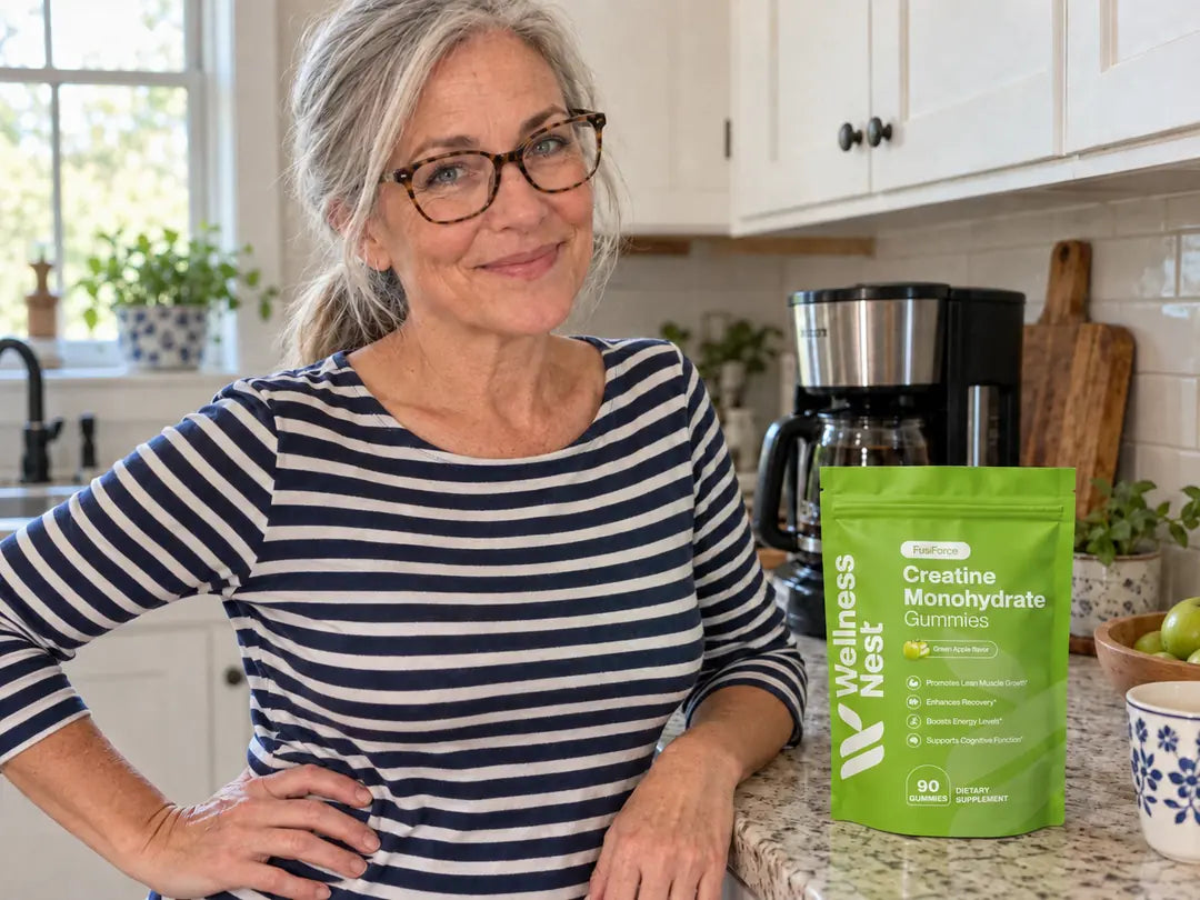 Colleen D., standing beside the coffee maker with a hand on her hip, the pouch on the counter (illustrative)