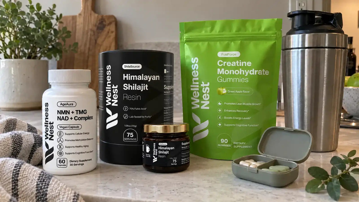 The three Wellness Nest formulas on a kitchen counter