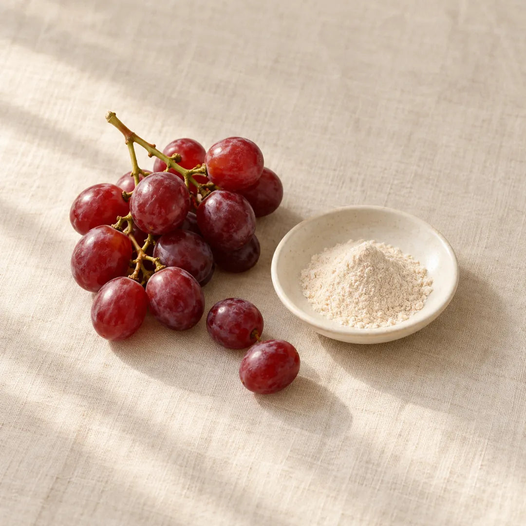 Trans-resveratrol: powder in a small dish beside red grapes (illustration)