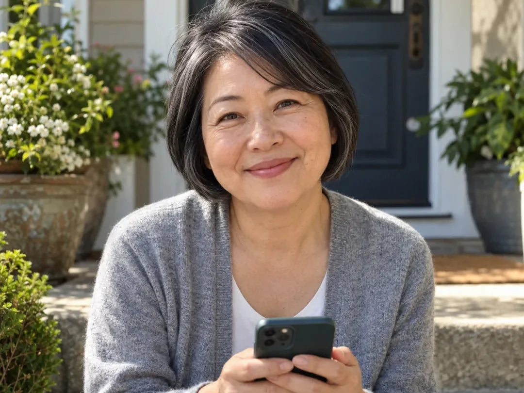 Mei: a woman on her porch steps with her phone, looking relieved