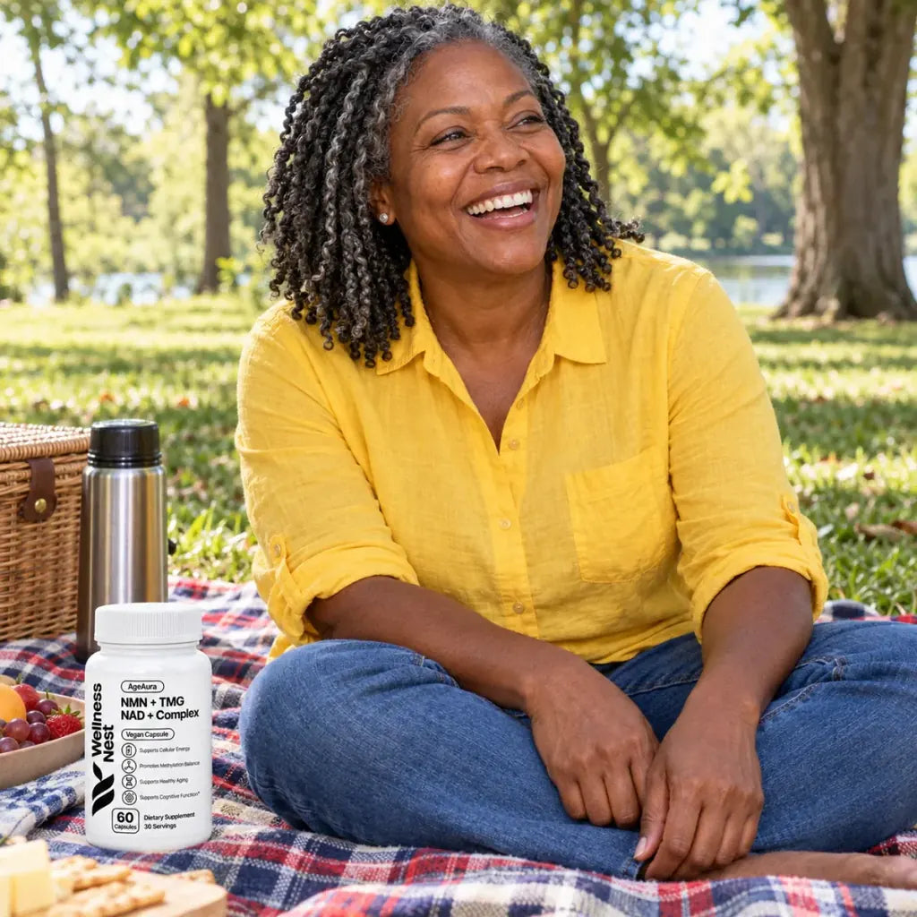 A woman laughing on a picnic blanket, a bottle of AgeAura beside the basket