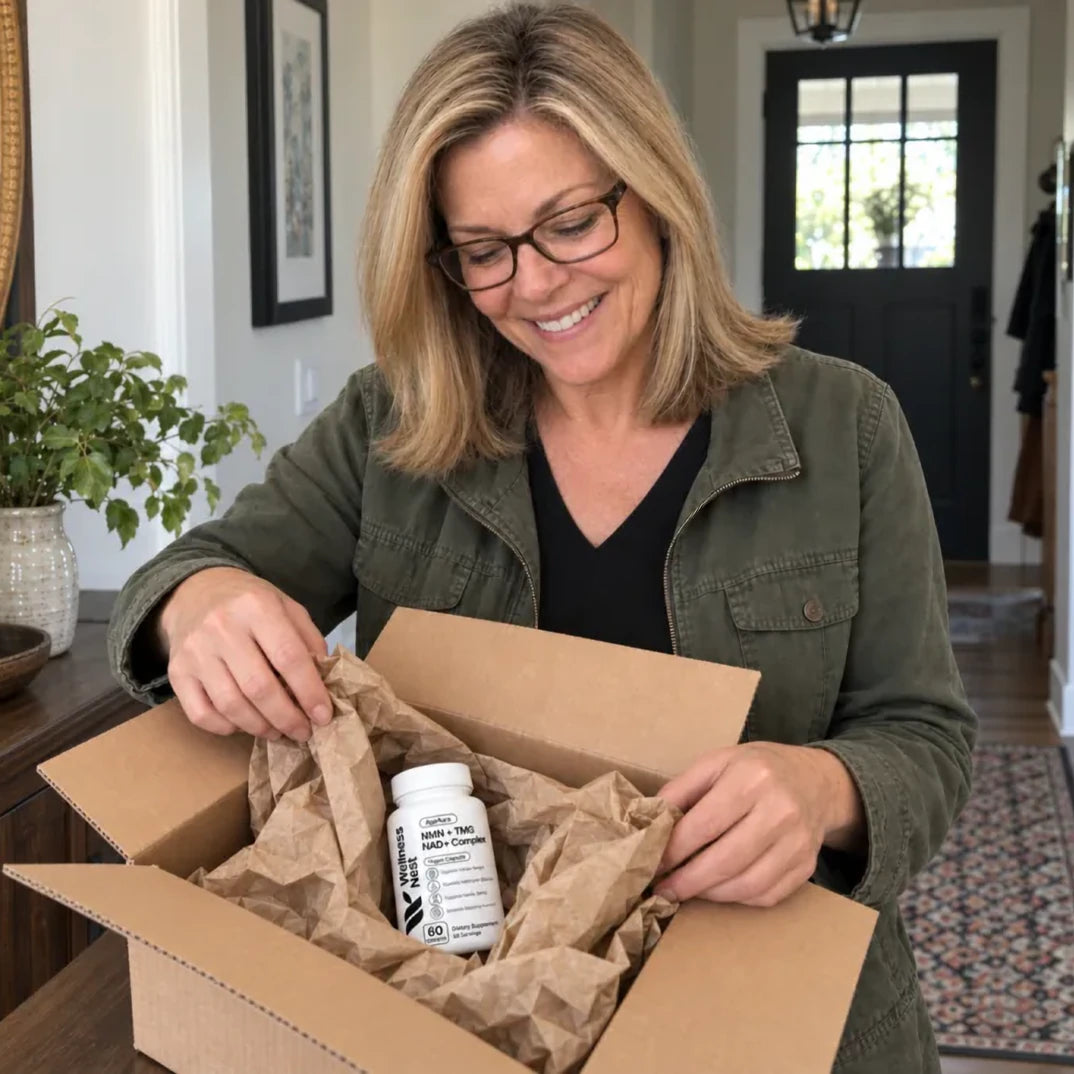 A woman unpacking an AgeAura delivery