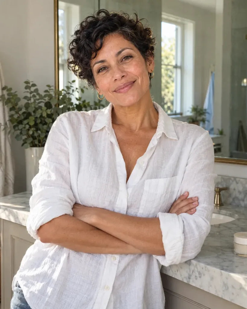 Sarah: a woman leaning on her bathroom vanity with a relaxed smile