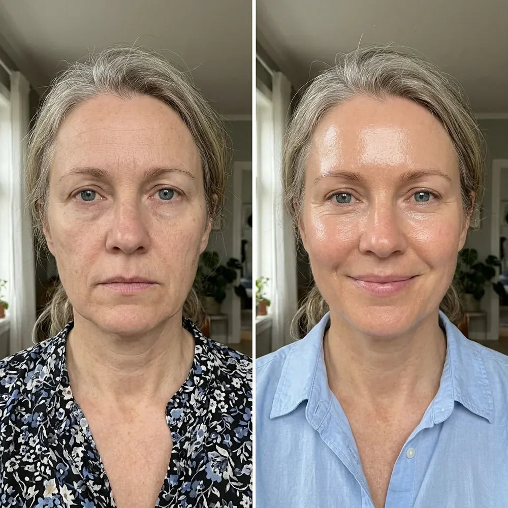 Susan M.: the same woman twice, tired in a floral blouse and rested in a blue shirt