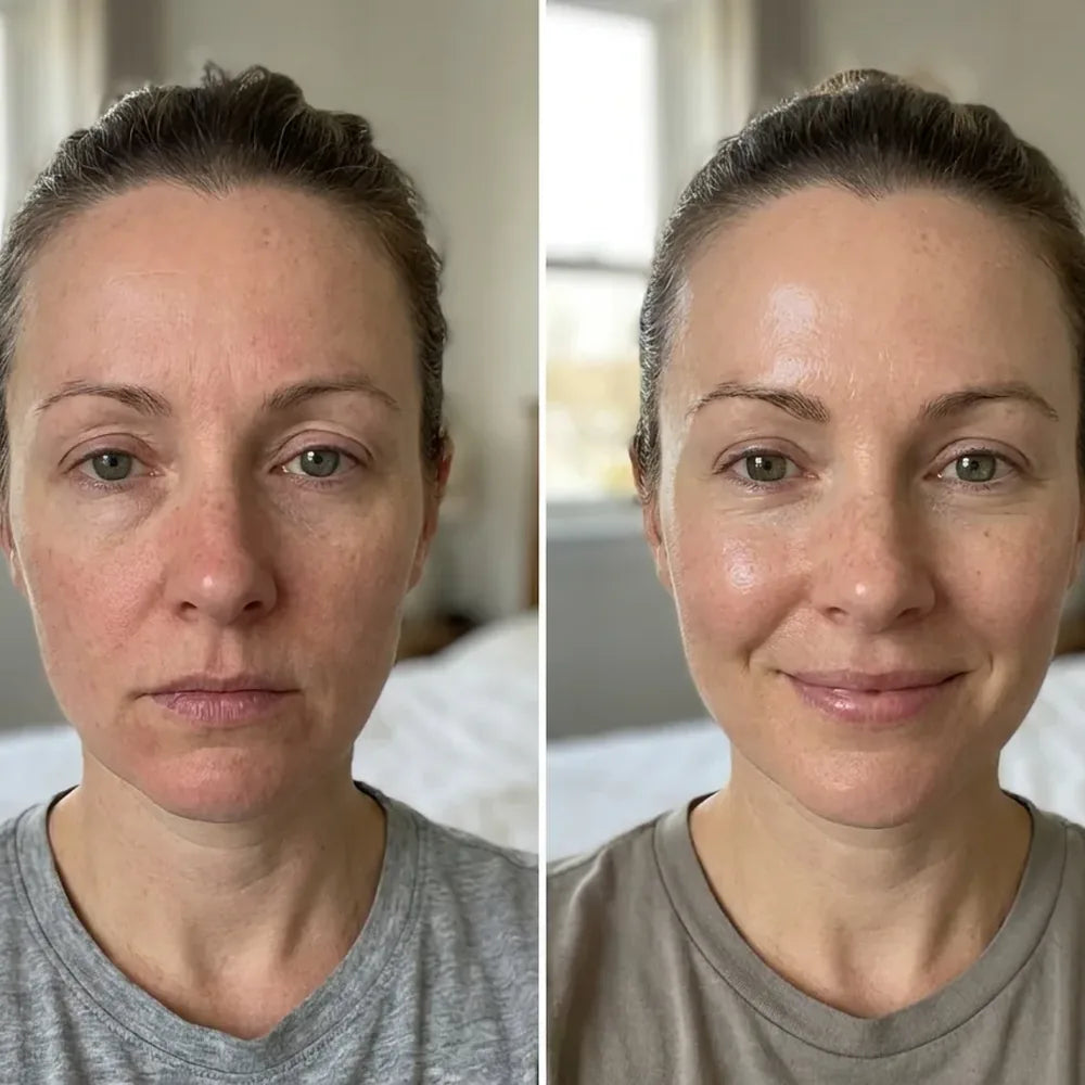 Donna R.: the same woman twice in a grey t-shirt, her skin flatter in the first and fresher in the second