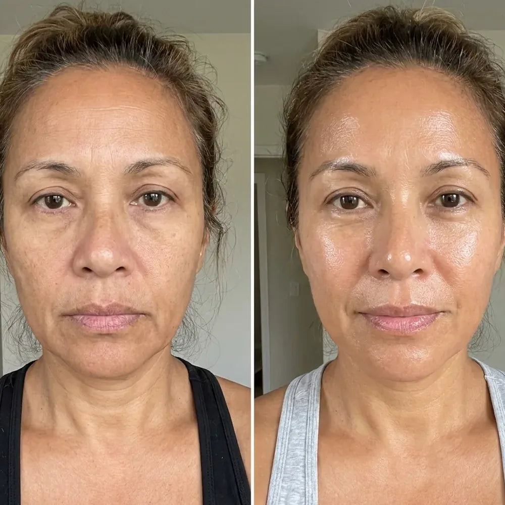 Gail W.: the same woman twice in a black top, her skin duller in the first and brighter in the second