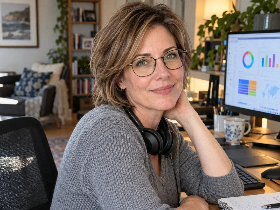 Susan Torres, at a monitor with a headset round her neck, calm and focused (illustrative)